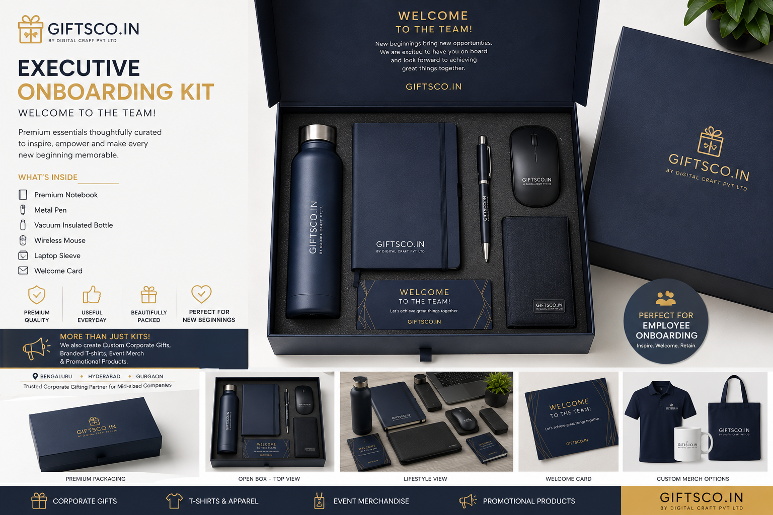 Employee onboarding welcome kit with branded bottle, diary and pen - corporate gifting for Bangalore IT companies by Digital Craft